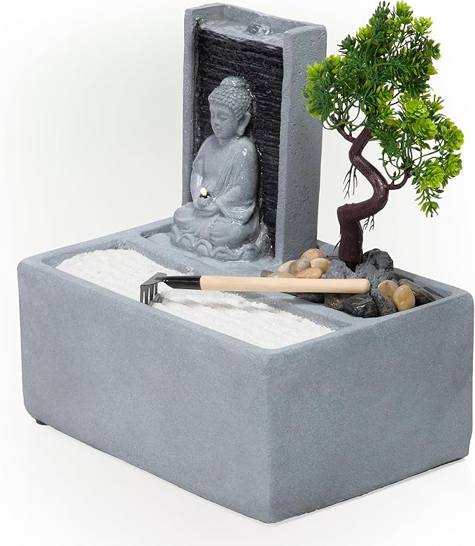 Alpine Corporation DIG278 13" Indoor/Outdoor Tabletop Fountain with LED Lights, Buddha Bonsai Garden Water Feature for Home, Patio & Desk Décor, Gray - Bloomnest