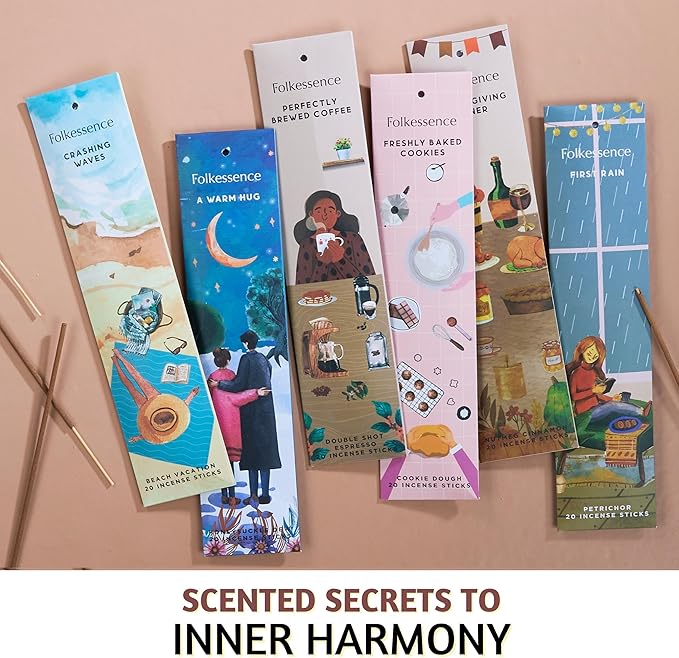 Folkulture Incense Sticks Gift Set (120 Sticks) | Set of 6 Premium Sweet Incense for Beach, Summer Vacation | No Charcoal, Organic, Non Toxic, 45 Mins Long Burning Petrichor, Espresso, Coffee