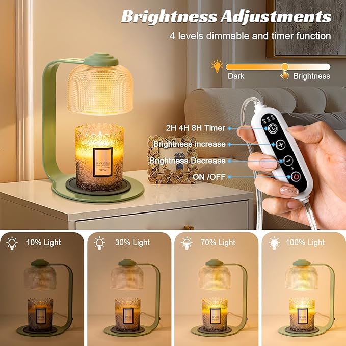 Candle Warmer Lamp with Clear Glass Globe and Timer & Dimmable Light - Jar Candle Melter Green Minimalist Metal Frame, Home Decor Gift Set (Includes 2 Bulbs) - Bloomnest
