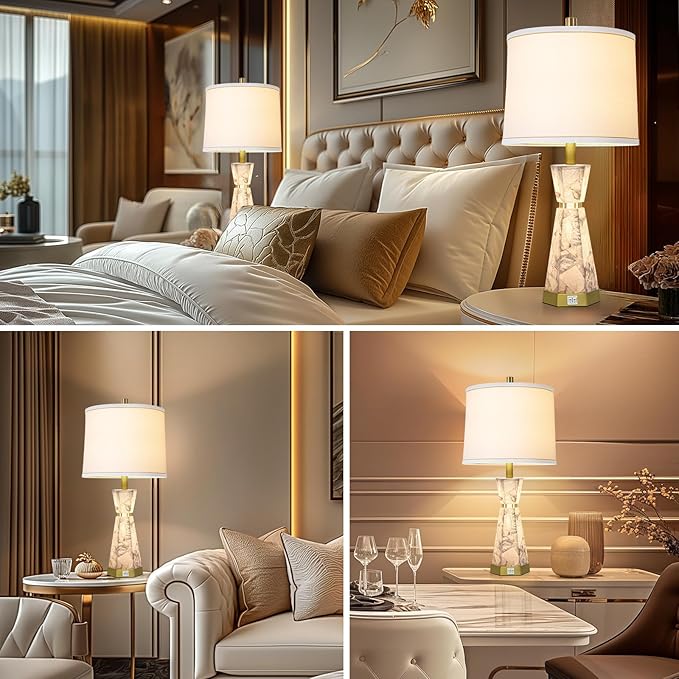 Natural Alabaster Table Lamp,Living Room Lamps Set of 2,Nightstand Lamp with Night Light,Lamps for Living Room With Linen Fabric Shade,Bedside Lamp with Usb A+C Ports for Bedroom,Hotel(Bulb Included) - Bloomnest
