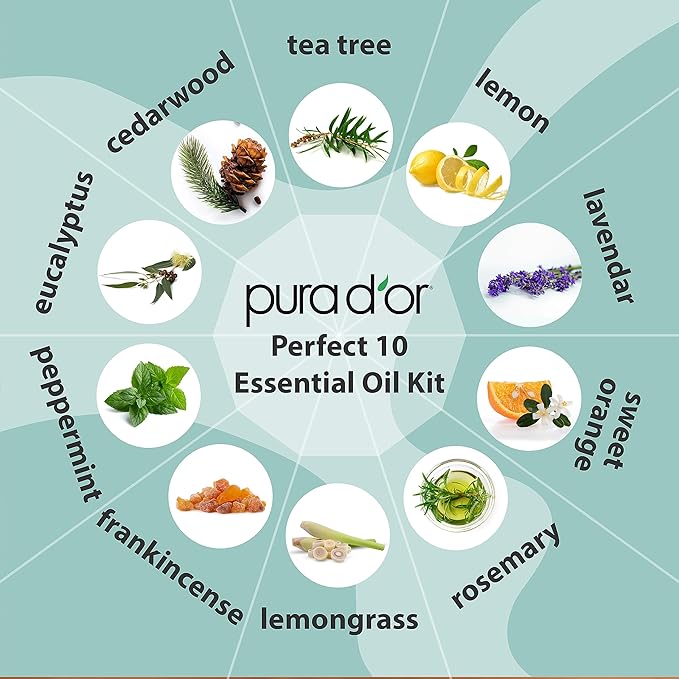PURA D'OR Organic Perfect10 Essential Oils Set - 10x 10mL Wood Box Aromatherapy Gift Set - 100% Pure Therapeutic Grade for Relaxation and Wellness (Lavender, Peppermint, Eucalyptus, Tea Tree & More) - Bloomnest