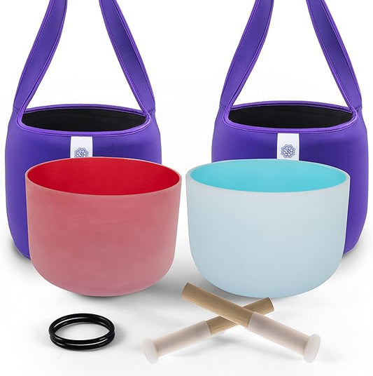 FMTY 10inch Crystal Singing Bowls set prefect pitch(±10HZ) Red(Root)+ Blue(Throat) with Carrying Bag Sound Bowls Chakra Bowl