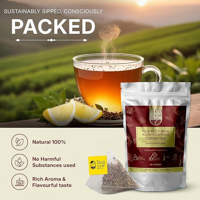 Tulsi Ashwagandha Green Tea Bags (50 Count), Green Tea with Tulsi, Ashwagandha, Lemongrass and Black Pepper, Caffeinated, Real and Natural Green Tea, Blended with Fresh Herbs and Spices, Gluten Free - Bloomnest