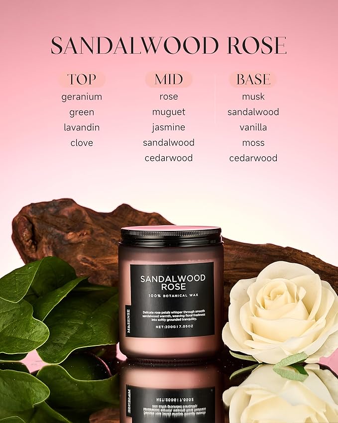 M&SENSE Sandalwood Rose Scented Candle 7.05oz 50 Hours Long Lasting Burn Natural Soy Wax Strong Scented Candle for Home, 2 Wick Home Fragrance Slow Burning Housewarming Gifts for Men Women - Bloomnest