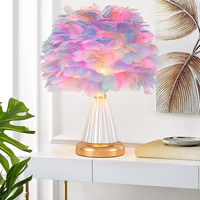 Colorful Feather Table Lamp Cute Ceramic Fluffy Bedside Lamp Princess Furry Nightstand Light Girl Romantic Desk Lamp for Girl Bedroom Living Room Office Nursery Valentines Wedding Decor - Bloomnest