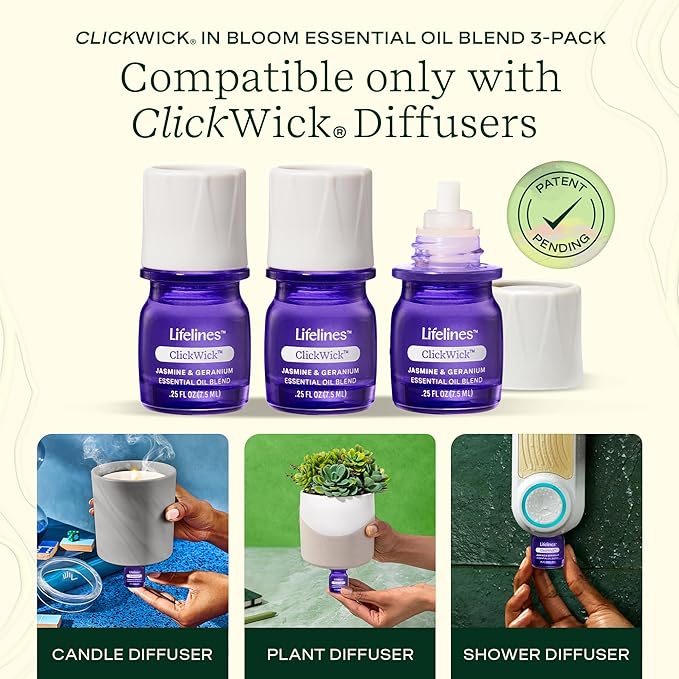 ClickWick Essential Oil Blends for Lifelines Diffusers, 3-Pack in Bloom Set - Essential Oil Blend Refill for Candle, Plant & Shower Aromatherapy Diffuser - Fragrance for Diffusers - Bloomnest
