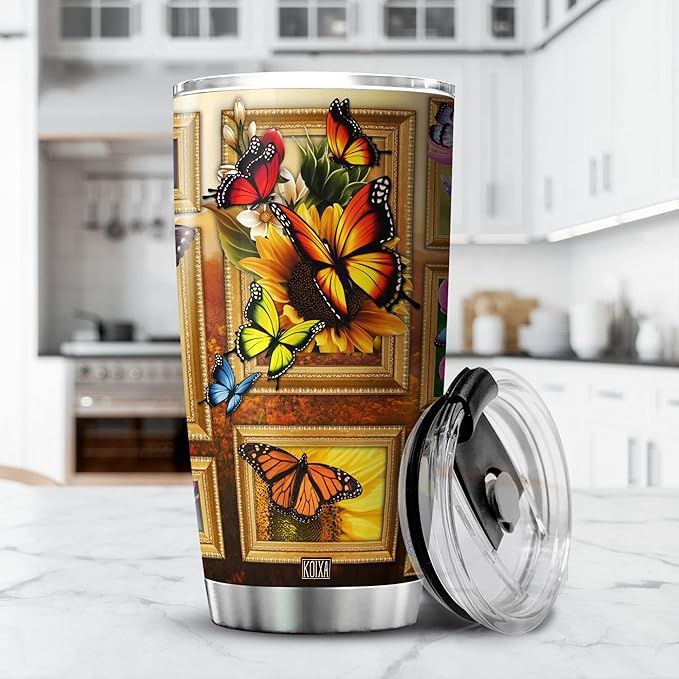 Sunflower Print Tumbler 20 Oz Monarch Butterfly Coffee Cup With Lid Butterflies Sunflowers Gifts For Women Birthday Present Stainless Steel Mug Vintage Floral Flowers Animals - Bloomnest