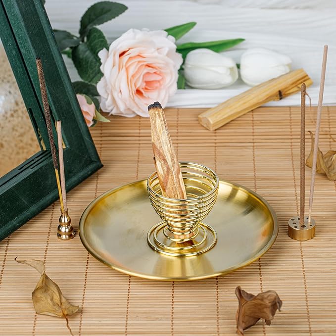 ZenBless 5 in 1 Incense Burner, Palo Santo Holder, Sage Holder, Incense Holder for Incense Sticks/Coil Incense/Incense Cones, 5.5 inches Brass Ash Catcher for Meditation Yoga Room ZenBless