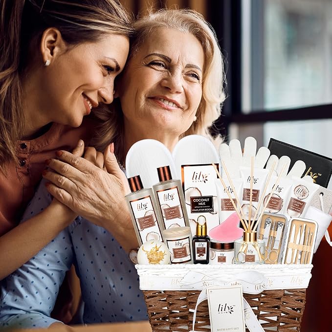 Valentines Day Gifts Coconut Vanilla Spa Gift Set for Women - Luxurious 28Piece Body Care Collection, Bath & Body Basket Gift Set for Mothers Day, Birthday, Christmas Gifts Self Care Gift