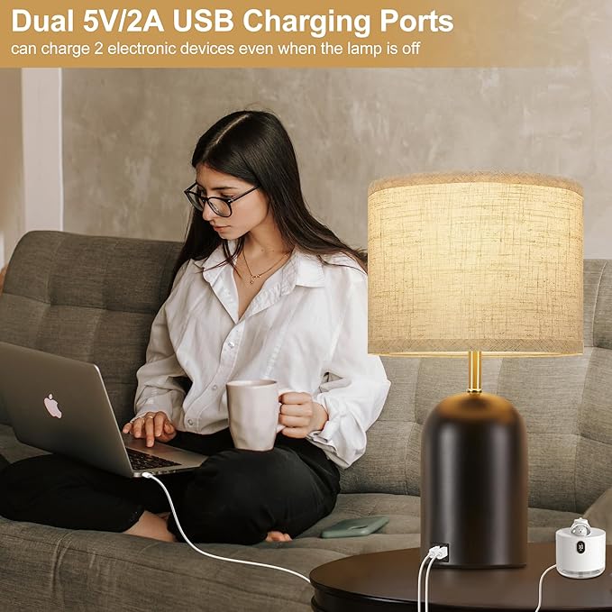 Bedside Lamps with USB C+A Charging Ports, Table Lamp Touch Control 3-Way Dimmable Modern Lamp for Bedroom Lamps for Night Stands with Fabric Shade for Living Room Office Dorm (LED Bulbs Included) - Bloomnest