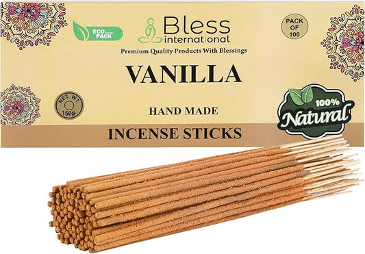 Bless-Vanilla 100%-Natural-Handmade-Hand-Dipped-Incense-Sticks Organic-Chemicals-Charcoal-Free Purification-Relaxation-Positivity-Yoga-Meditation Best-Woods-Scent (100 Sticks(5.25 OZ)) BlessInternational