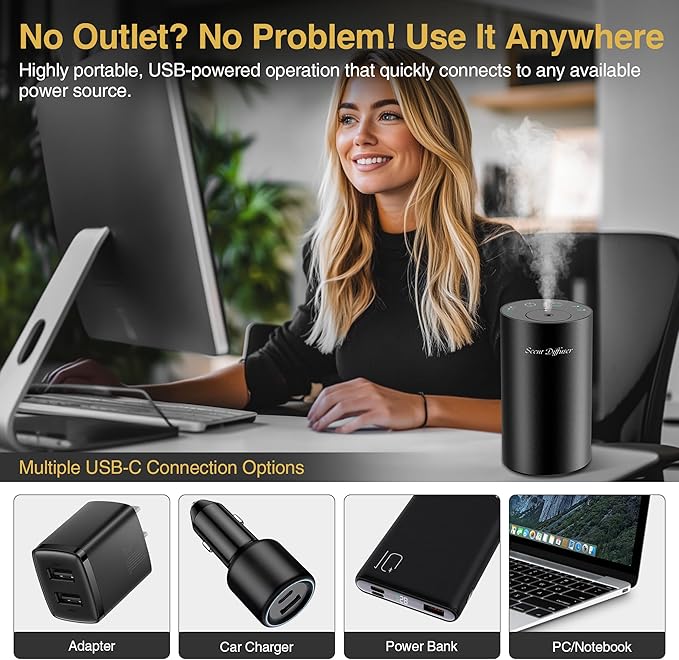 Waterless Essential Oil Diffuser Starter Kit - No Water Needed, Battery Operated Mini Scent Air Machine, Included 3x20ML Essential Oils, Portable Aromatherapy Diffuser for Home & Car, Black, 2Pack - Bloomnest