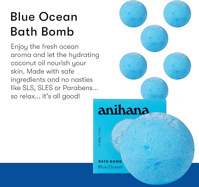 ANIHANA Bath Bomb with Coconut Oil, Paraben Free, Hand-Crafted Luxury Fizzers, Refreshing Blue Ocean Scent, 6.3 oz - Bloomnest