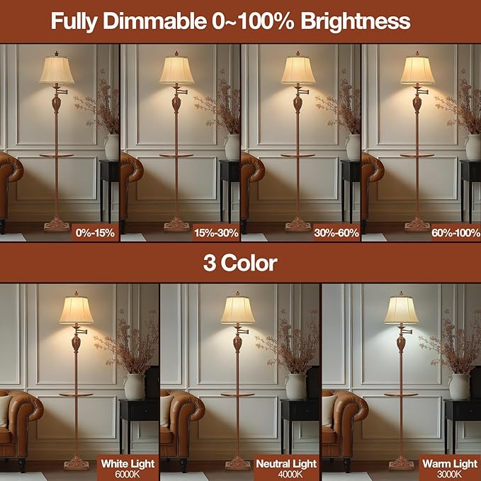 Traditional LED Floor Lamp with 350° Adjustable Swing Arm Lamp – Vintage Standing Pole lamp for Living Room, Bedroom and Office – Rustic Upright Floor Light for Home Décor with Silk Fabric Shade - Bloomnest
