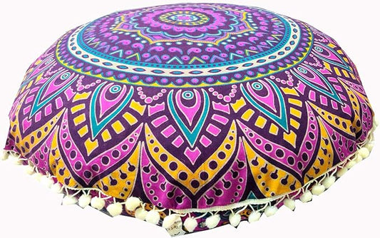 INDIAN CRAFT CASTLE New Pink Ombre 24" Mandala Barmeri Large Floor Pillow Cover Cushion Meditation Seating Ottoman Throw Cover Hippie Decorative Zipped Bohemian Pouf Ottoman Pom Pom Cases 24" Round - Bloomnest