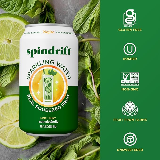 Spindrift Sparkling Water, Nojito Flavored, Made with Real Squeezed Fruit, 12 Fl Oz Cans, Pack of 24 (Only 4 Calories per Can) - Bloomnest