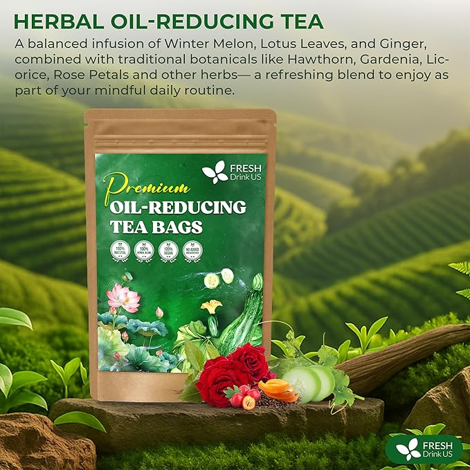 FreshDrinkUS, Oil-Reducing Herbal Tea – 75 Tea Bags | Blend of Winter Melon, Lotus Leaf, Ginger, Hawthorn, Gardenia Fruit, Rose, Cassia Seed & More | Naturally Caffeine-Free | Delicious Hot or Iced - Bloomnest
