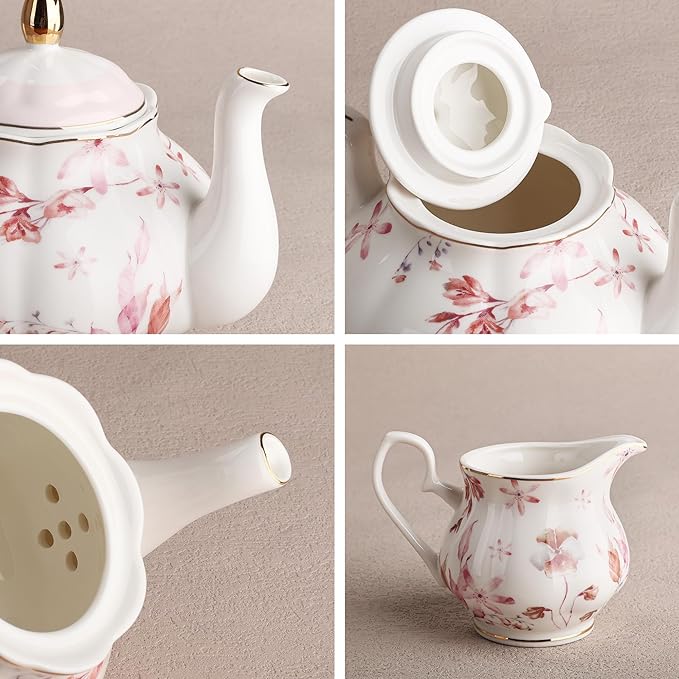 fanquare 21 Pieces British Porcelain Tea Set with Gold Trim, Pink Autumn Leaves Floral Tea Sets for Women Tea Party, 6 Teacup and Saucers for Coffee Home Wedding - Bloomnest