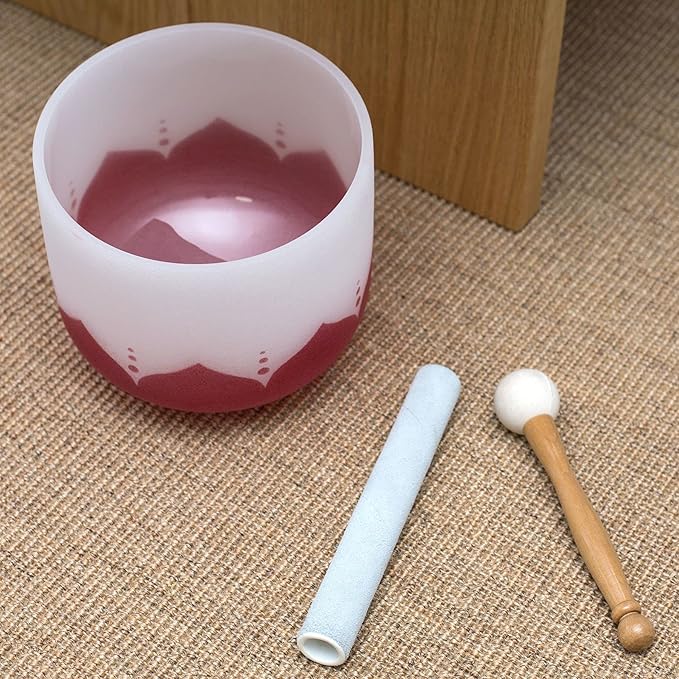 Leize Quartz Crystal Singing Bowl C Note 432 hz Root Chakra Red Lotus Design 12" Wide with Suede Striker - Bloomnest