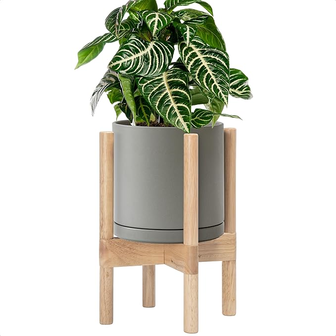 D'vine Dev Ceramic Planter with Natural Stand - 8 Inch Modern Round Flower Pot with Wood Planter Holder, Grey, 55-B-N-3 - Bloomnest