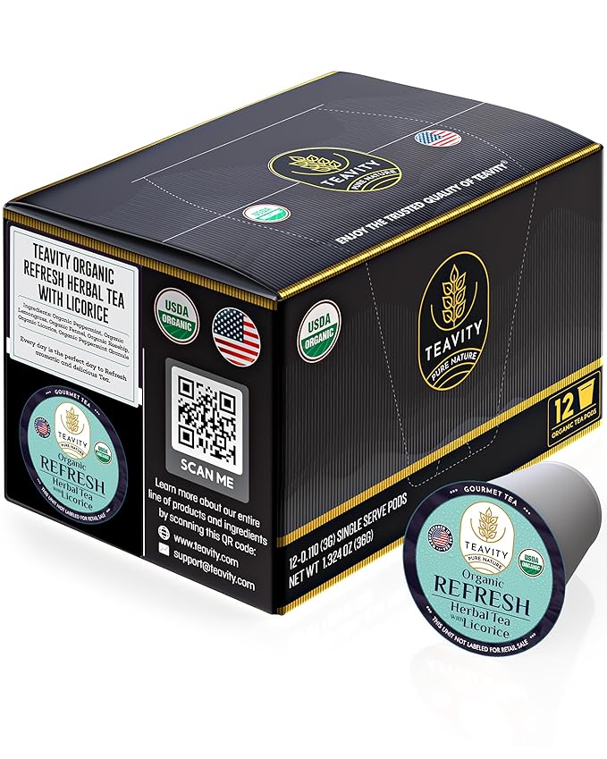 Organic Licorice Mint Tea Pods for Keurig - Natural Decaf Peppermint Tea by Teavity (12 Tea Pods) - Bloomnest
