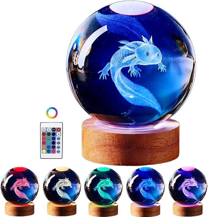 Axolotl Lamp,3.15 inch Axolotl Crystal Ball Lamp,Upgraded 3D K9 Axolotl Crystal Ball Night Light with Wooden Base,16 Colors Change with Remote Control, Axolotl Glass Ball Lamp,Axolotl Gift (E) - Bloomnest
