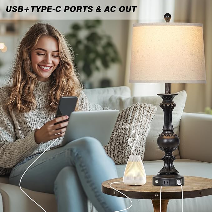 28" Farmhouse Table Lamps Set of 2, Retro Lamps for Living Room with USB C+A Ports & AC Outlet, 3 Way Touch Control Resin Bedside Lamp, Rustic Bedroom Lamp for Nightstand Side End Table Desk, Black - Bloomnest