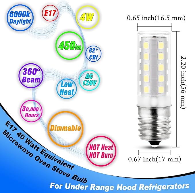 E17 LED Dimmable 4W Microwave Oven Stove Bulb 450lm 6000K Daylight White 40 Watt Incandescent Equivalent E17 Intermediate Base Appliance Bulb for Under Range Hood Refrigerators, 2 Pack - Bloomnest