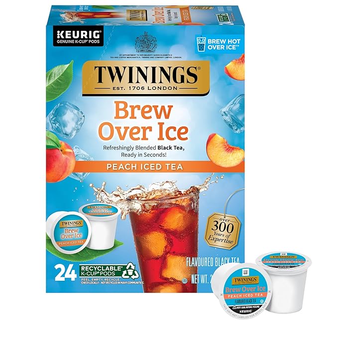 Twinings Brew Over Ice Unsweetened Peach Black Iced Tea K-Cup Pods for Keurig, 24 Count (Pack of 1), Caffeinated - Bloomnest
