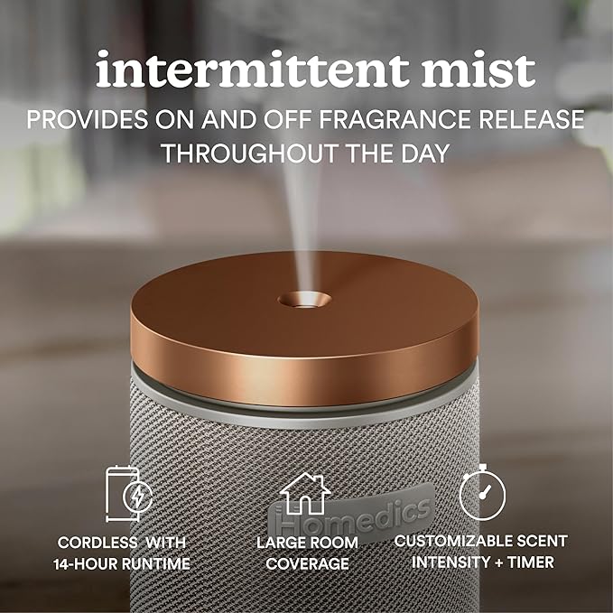 Homedics SereneScent Fabric Rechargeable Waterless Diffuser, Use with Homedics SereneScent Oil 120ml (Sold Separately) Cordless Aromatherapy, Adjustable Mist & Timer, 6 Calming Lights, Grey - Bloomnest