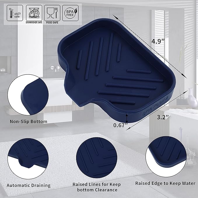 Silicone Bathroom Soap Dishes with Drain Spout-Kitchen Sink Organizer,Sponge Holder,Dish Soap Tray,Perfect for Dispenser,Scrubber,Bottle,Cup on Sink or Counter-Navy Blue 4.9"×3.2" - Bloomnest