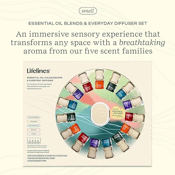 Lifelines Essential Oil Blends Collection Gift Set with Everyday Diffuser, 15-Pack - Blended Essential Oils for Aromatherapy Diffusers - Scented Fragrances for Joy, Calm, Focus & Energy - Bloomnest