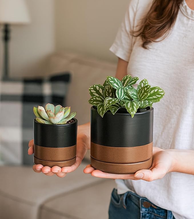 D'vine Dev 3.5 Inch & 4.7 Inch Ceramic Planter Pots for Plants with Drainage Hole and Saucer, X-Small Plant Pots Set, Black/Speckled Tan, 94-G-XS-7 - Bloomnest
