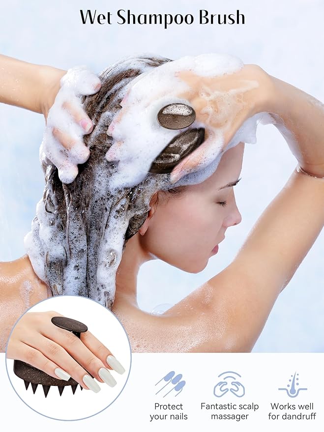 HEETA Scalp Massager Hair Growth, Soft Silicone Scalp Scrubber Shampoo Brush for Exfoliation, Dandruff Removal & Head Massage Stress Relax, Wet & Dry Use for Thick, Thin Hair Care, Dark Brown HEETA