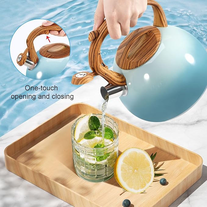 GGC Tea Kettle for Stove Top, 3.1QT/3L Whistling Tea Kettles for Boiling Water Coffee or Milk, Gradient Gray Tea Pot with Wood Parttern Handle, Stainless Steel Tea Pot for Home and Kitchen - Bloomnest