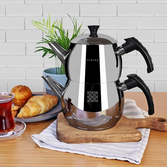 Serenk Modernist Stainless Steel Teapot | 1 L Top, 1.5 L Base, Induction Ready, Mirror Finish, Cool-Touch Handles, Elegant, Durable, Dishwasher Safe - Bloomnest