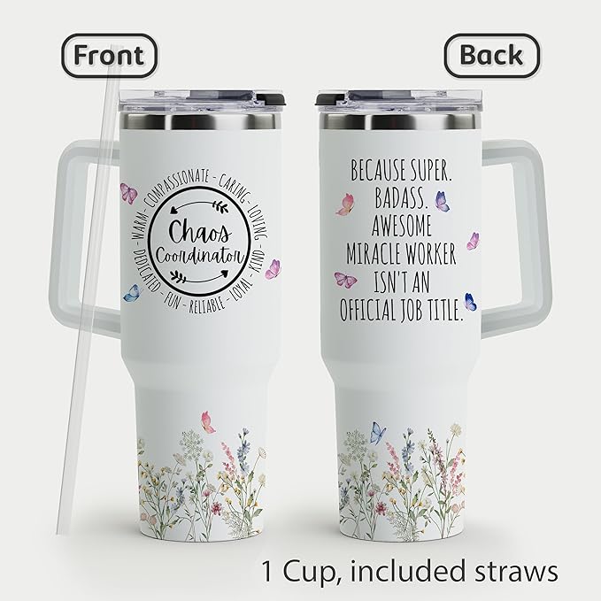 Chaos Coordinator Gifts - Birthday Present for Women - Thank You Gifts for Teacher, Women, Mom, Coworker, Manager, Boss - Chaos Coordinator Stainless Steel Tumbler with Handle and Straw 40oz - Bloomnest