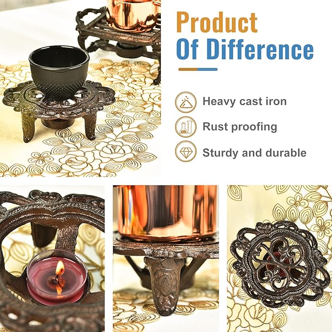 Sungmor Cast Iron Teapot Warmer Dish Cups Heater Pot Trivet - Rustic & Graceful Pattern Design with Tealight Holder - Heavy Duty & Decorative Candle Holder Stands for Heat Food Coffee Milk or Tea - Bloomnest