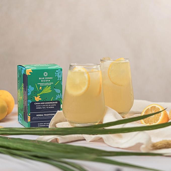 Blue Zones Nicoya - Chan & Lemon Grass Flavored Tea Bags - 100% Natural, Organic, and Refreshing - High Micronutrients - Gluten, Caffeine, Sugar-Free - Pack of 18 (1.59 oz/ 45 g) - Bloomnest
