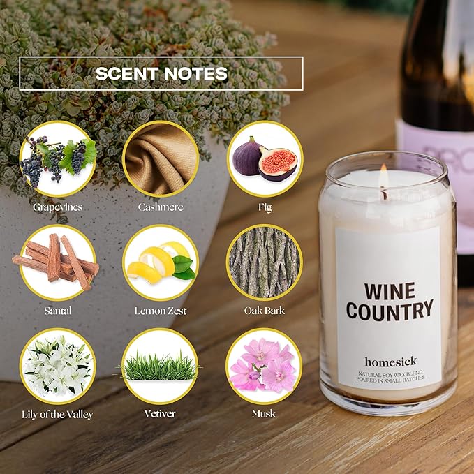 Homesick Scented Candles for Home (Wine Country) - 13.75 oz Long-Lasting Soy Wax Blend Jar Candle Gifts for Women & Men, 60-80 Hours Burn Time - Notes of Grapevines, Santal & Lily of The Valley - Bloomnest