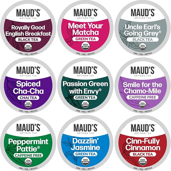 Maud's 9 Blend Organic Tea Pods Variety Pack, 48 ct, 9 Assorted Flavors, Recyclable Single Serve Pods –100% Gourmet Blended Tea Leaves, Compatible with Keurig K Cups Maker - Bloomnest
