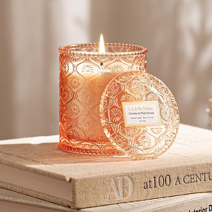 LA JOLIE MUSE Citrine & Pink Peony Scented Candles - Bergamot, Peony, Amber | 6 oz Natural Soy Wax | 40 Hours Clean Burn | Citrus Scented Candle| Gift-Ready for Hosts & Gatherings - Bloomnest