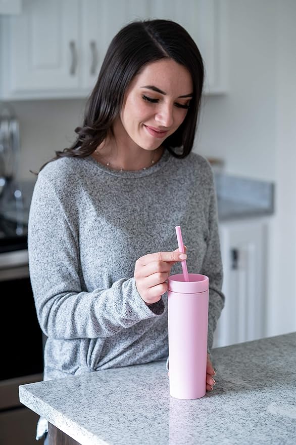 STRATA CUPS Pink Skinny Tumblers with Lids and Straws (4 pack) - 16oz Matte Pastel Colored Acrylic Tumblers with Lids and Straws, Double Wall Skinny Tumbler Bulk, Reusable Cup with Straw Cleaner - Bloomnest