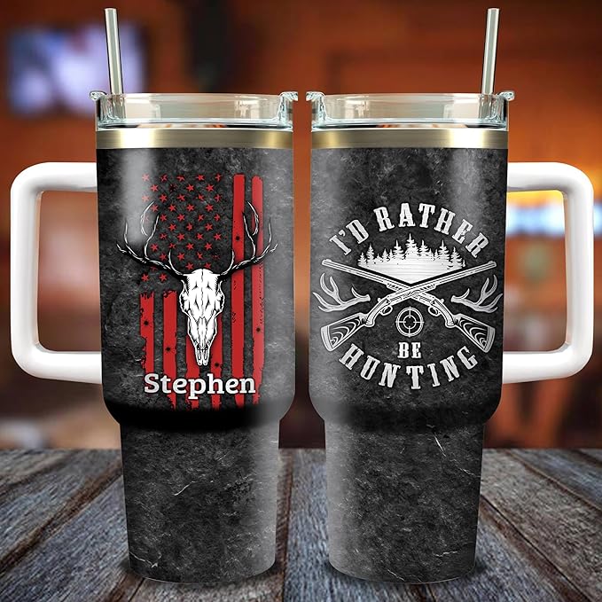 WAZONE Personalized Hunting American Flag 40oz Tumbler with Handle and Straw Stainless Steel Travel Coffee Cup I'D Rather Be Hunting Gift for Boyfriend Husband Dad On Birthday Christmas - Bloomnest