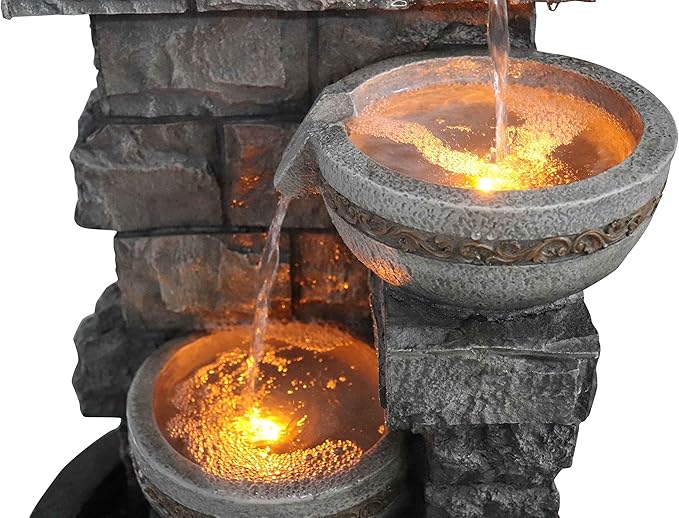 Water Fountian Outdoor - 3 Tiered Bowls Floor Stacked Stone Pump Waterfall Fountain,Provide Flowing Water Feature for Outside Garden,Backyard,Lawn,27 Inch Tall - Bloomnest