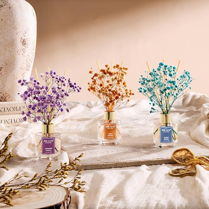 Airkeep Reed Diffuser Set of 3, Ocean Breeze Sweet Orange Cashmere Vanilla Oil Reed Diffusers for Bedroom Living Room Office Aromatherapy Oil Reed Diffuser for Gift 50ml x 3 - Bloomnest