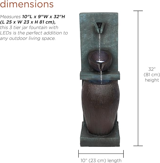 Alpine Corporation TZL388 32" 3 Tier Jar Fountain with LED Lights, Elegant Outdoor Water Feature for Garden, Patio, Backyard, Home Décor, Ceramic Water Fountain & Landscape Decorations, Gray - Bloomnest