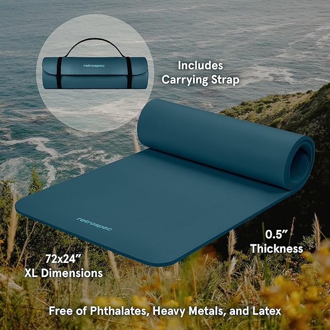 Retrospec Solana Yoga Mat 1/2" Thick w/Nylon Strap for Men & Women - Non Slip Exercise Mat for Yoga, Pilates, Stretching, Floor & Fitness Workouts - Bloomnest