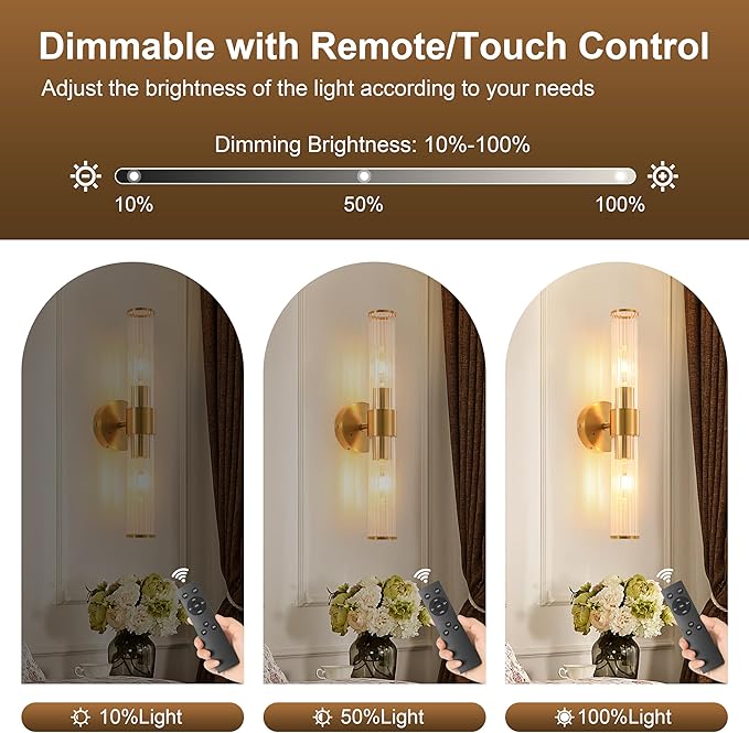 Gold Battery Operated Wall Sconces Set of Two, Rechargeable Wall Sconce with Dimmable Remote Control, 20 Inch Wireless Sconce Wall Light for Bedroom, Living Room (Bulbs Included) - Bloomnest