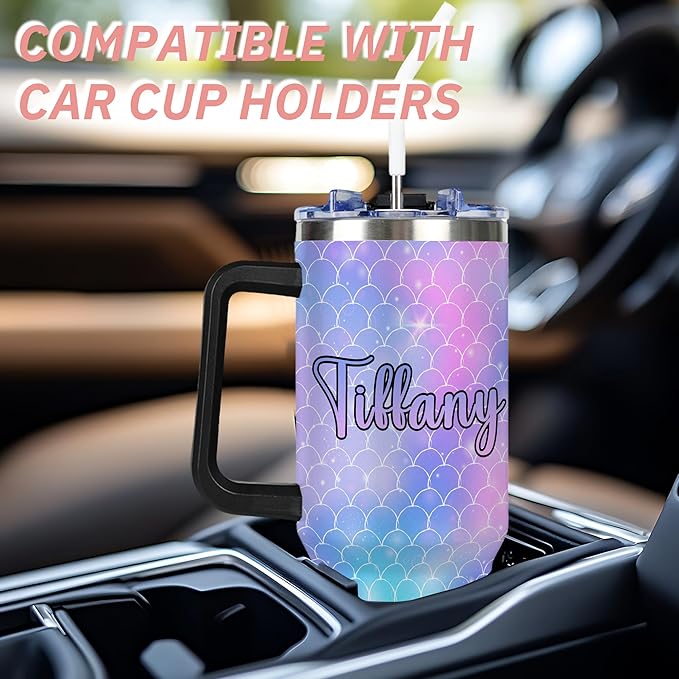 Personalized Mermaid Scales Tumbler with Names, Custom 40oz Tumblers with Handle and Straw Lid, Insulated Stainless Steel Cup, Travel Coffee Mug, Gifts for Christmas Birthday Anniversary Women Her - Bloomnest